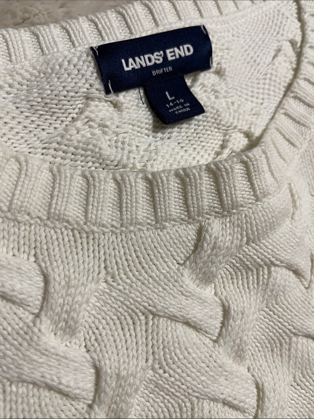 Lands' End Cream Cable-Knit Crewneck Sweater